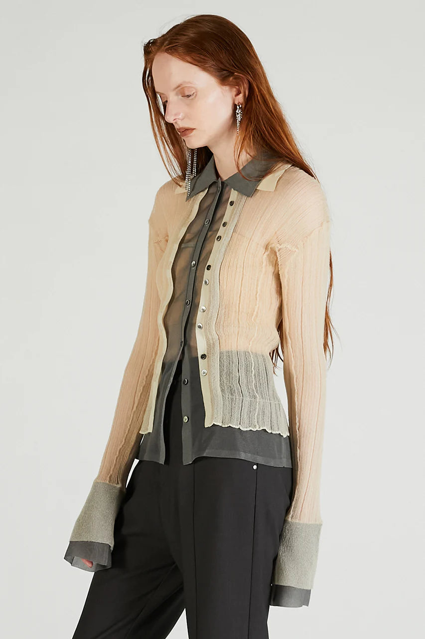 layered sheer ribbed slim knit shirt