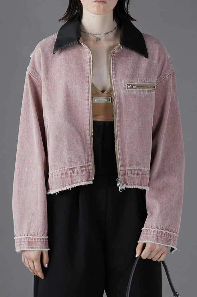 leather collar denim blouson