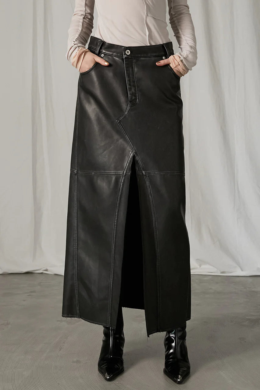 vegan leather slit skirt