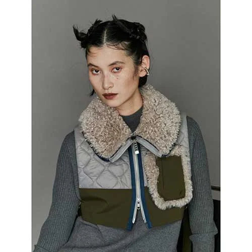 big collar fabric mix vest