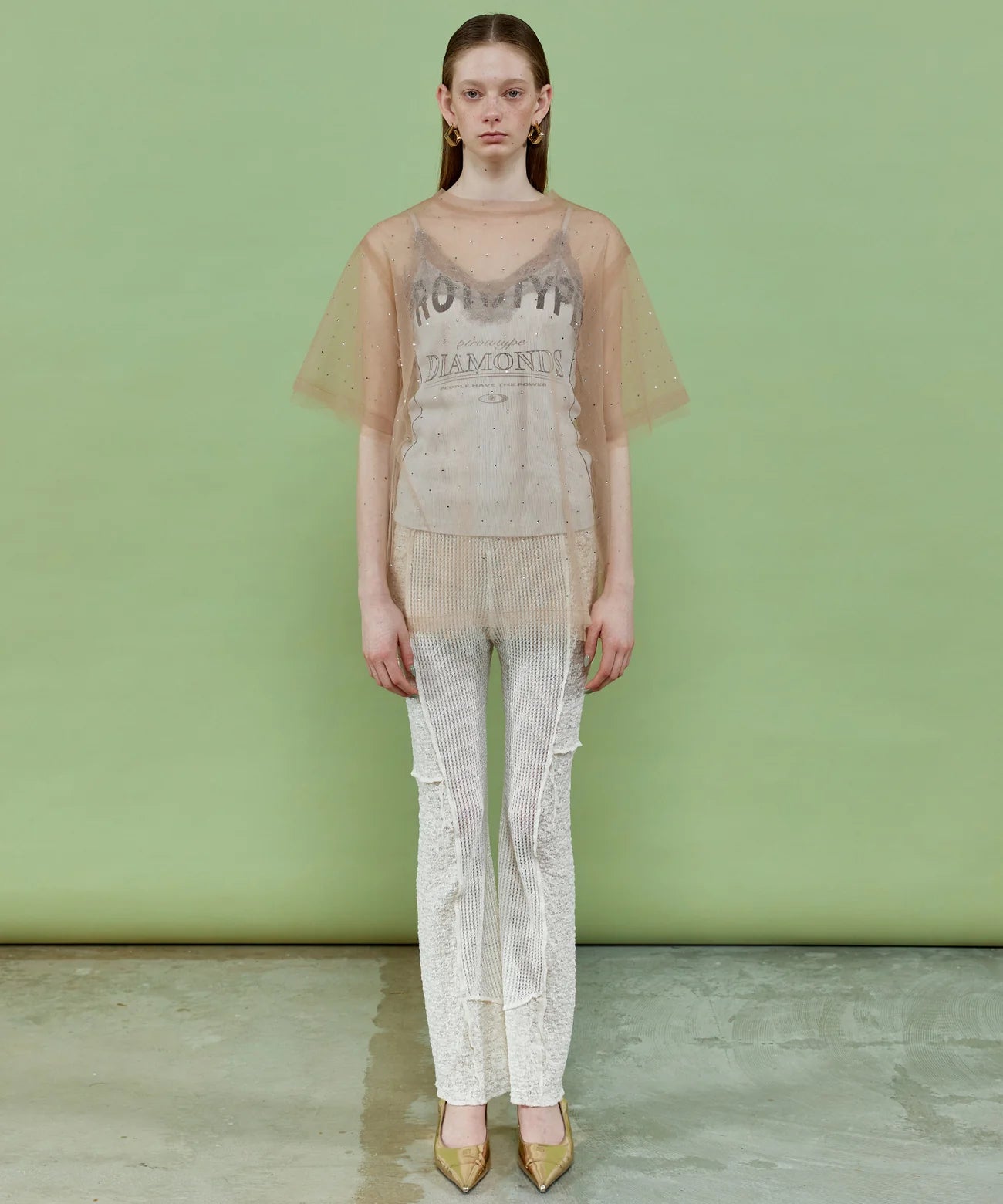 mesh combination outseam flare pant