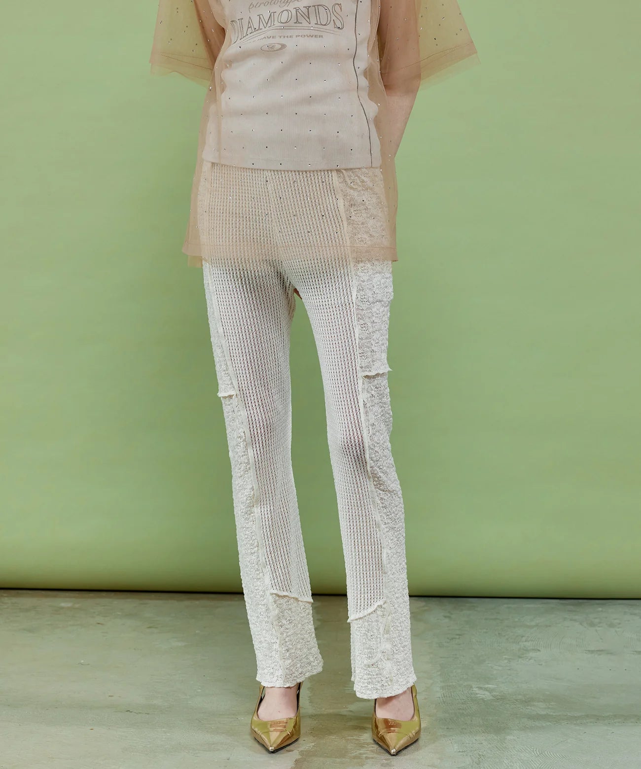 mesh combination outseam flare pant