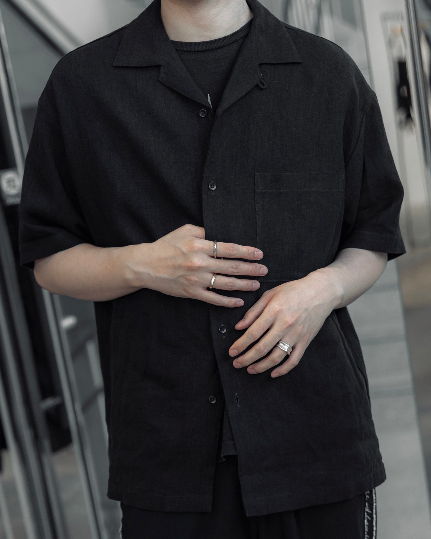 french linen washable / open collar shirt