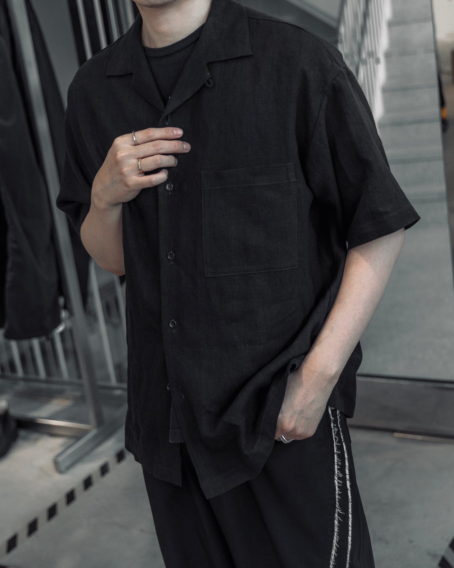 french linen washable / open collar shirt