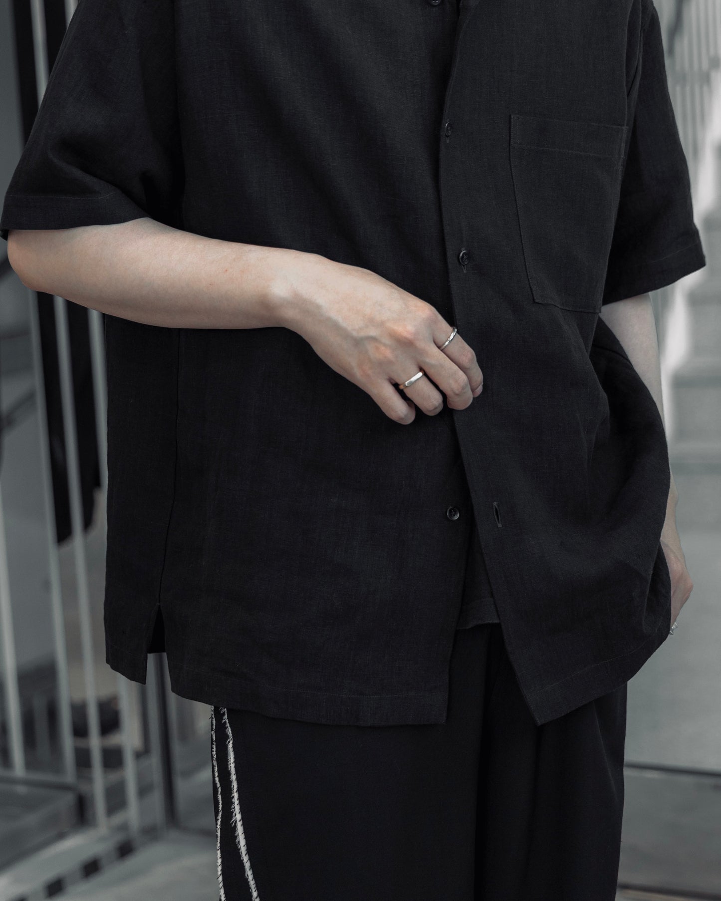 french linen washable / open collar shirt