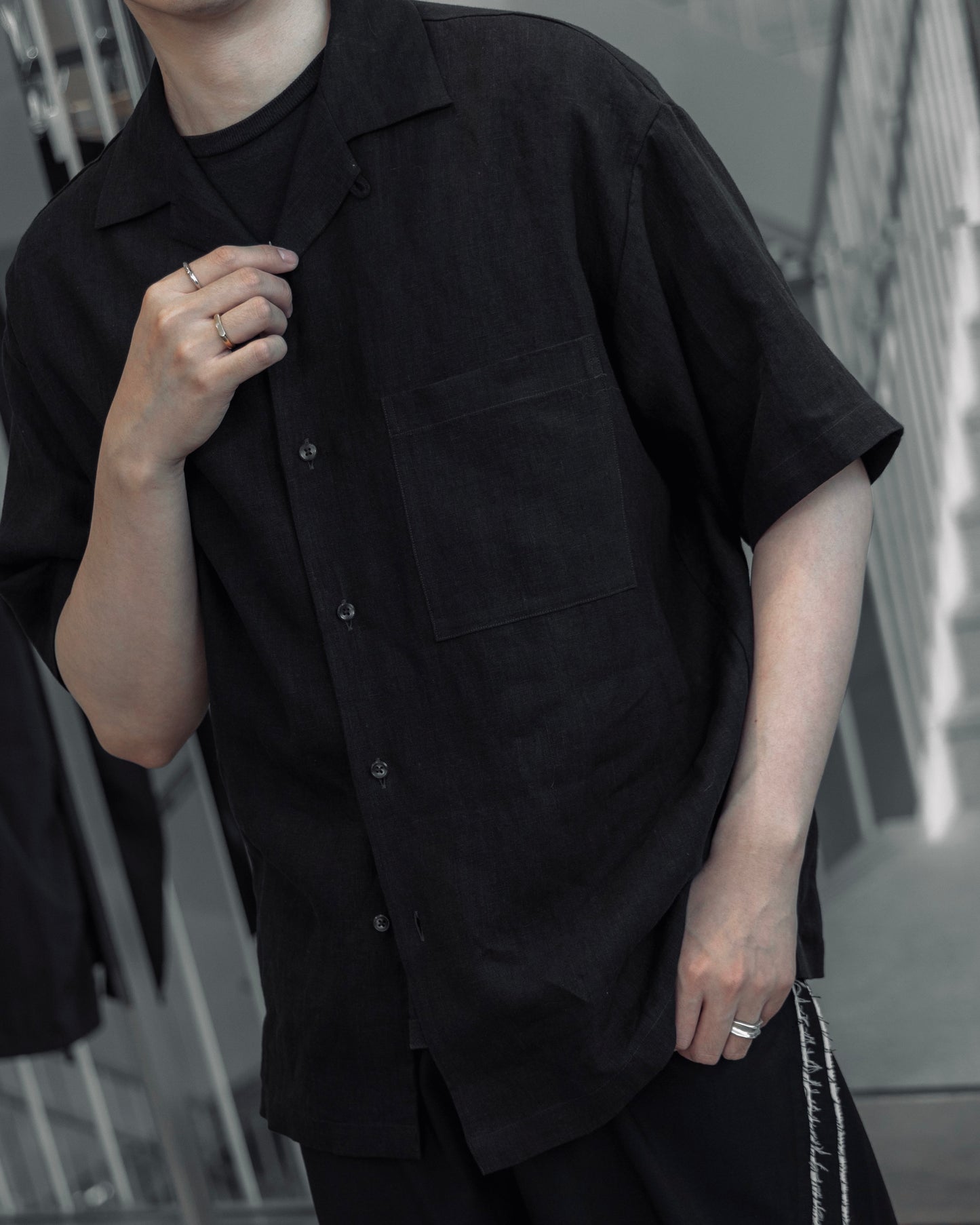 french linen washable / open collar shirt