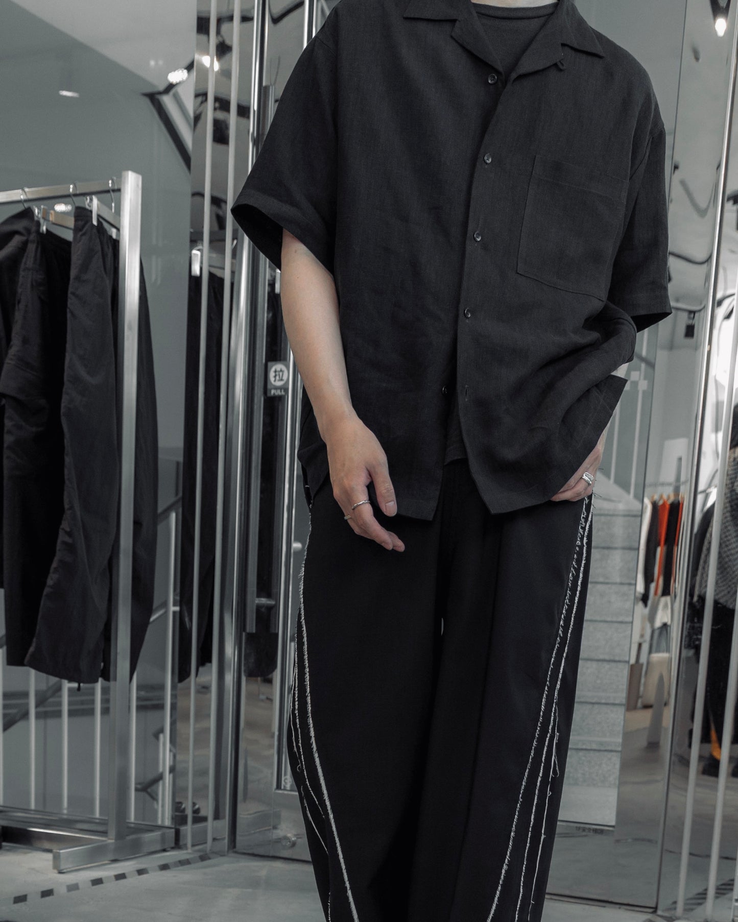 french linen washable / open collar shirt