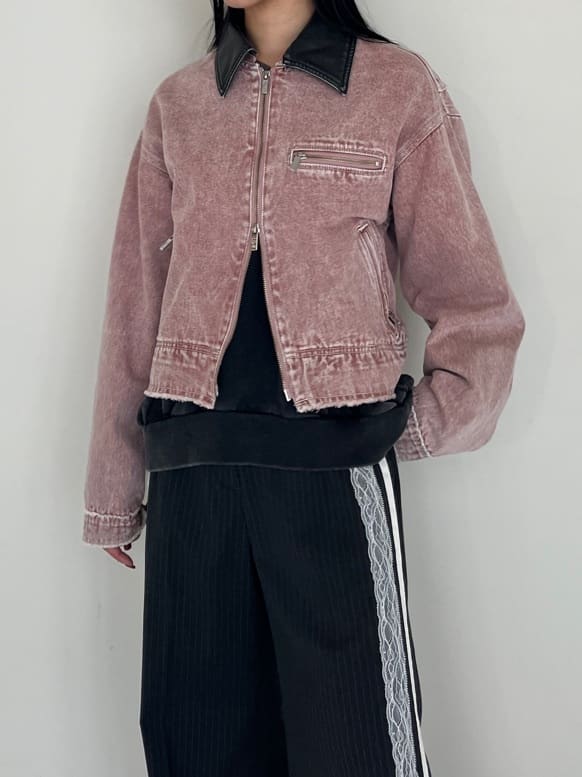 leather collar denim blouson