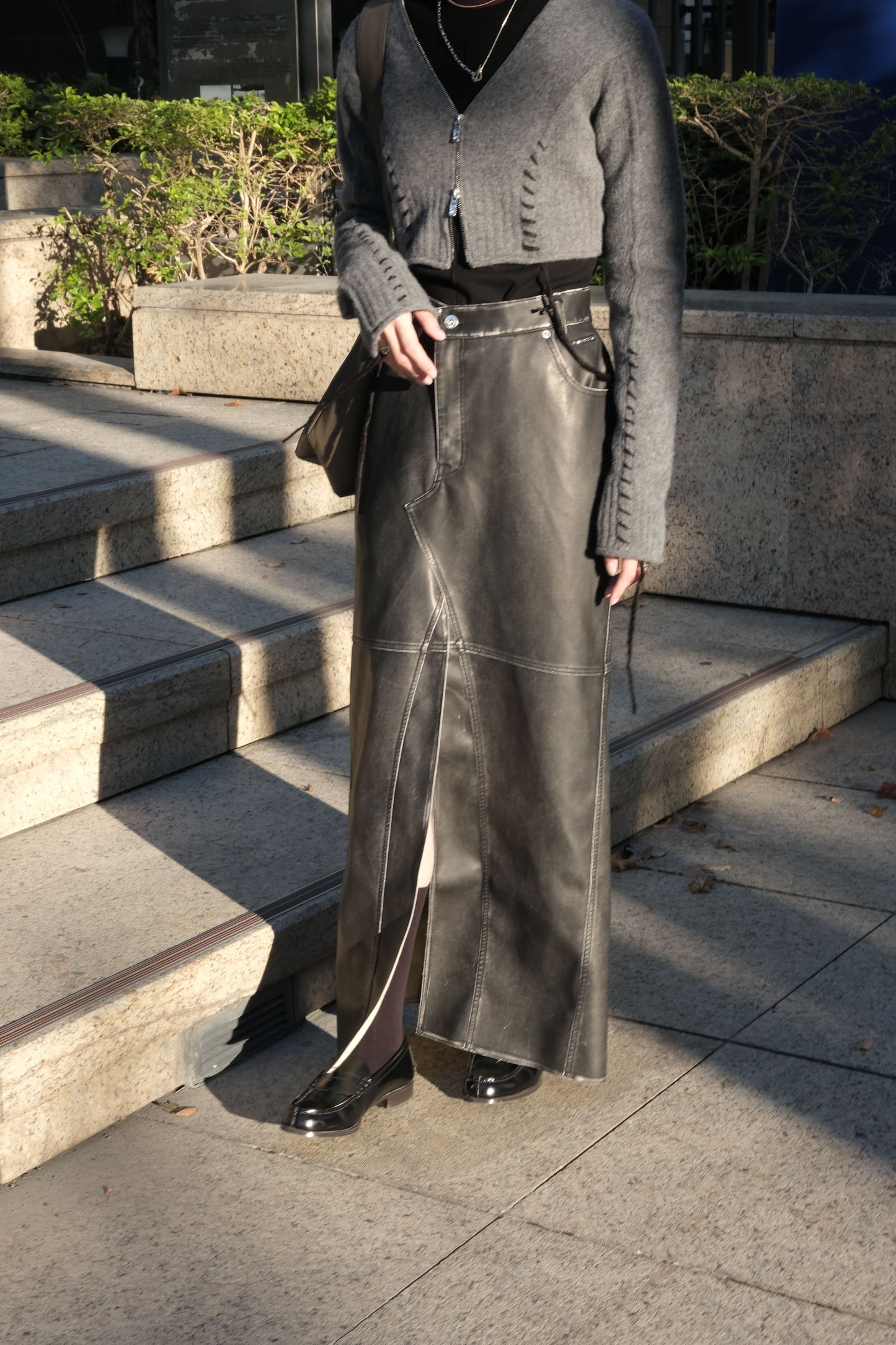 vegan leather slit skirt