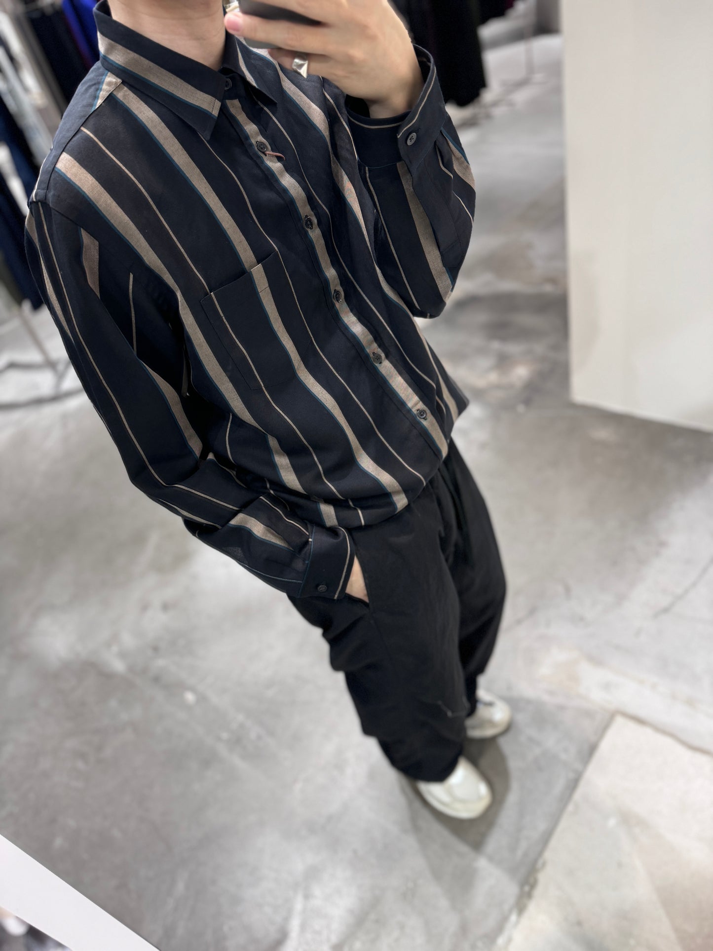 lyocell linen blend multi stripe / regular collar shirt