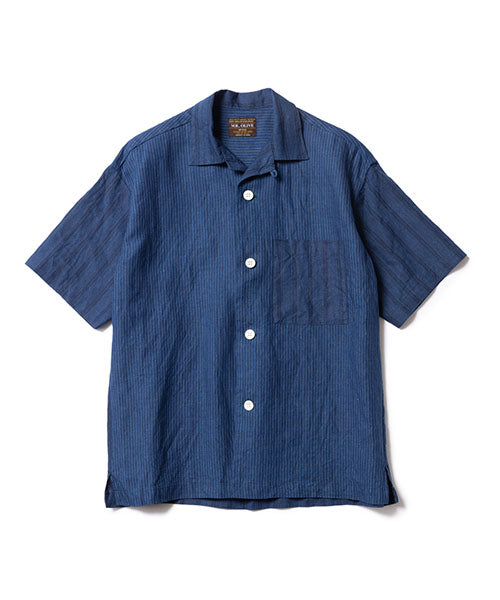 classic pattern indigo linen / open collar shirt