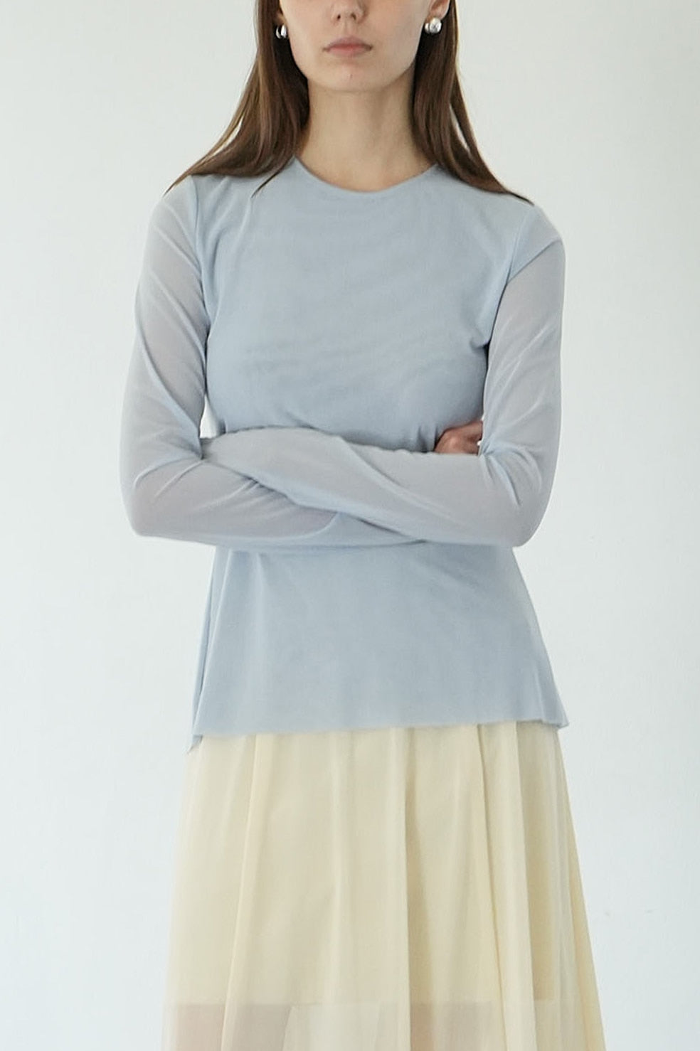 sheer mesh crew neck tops