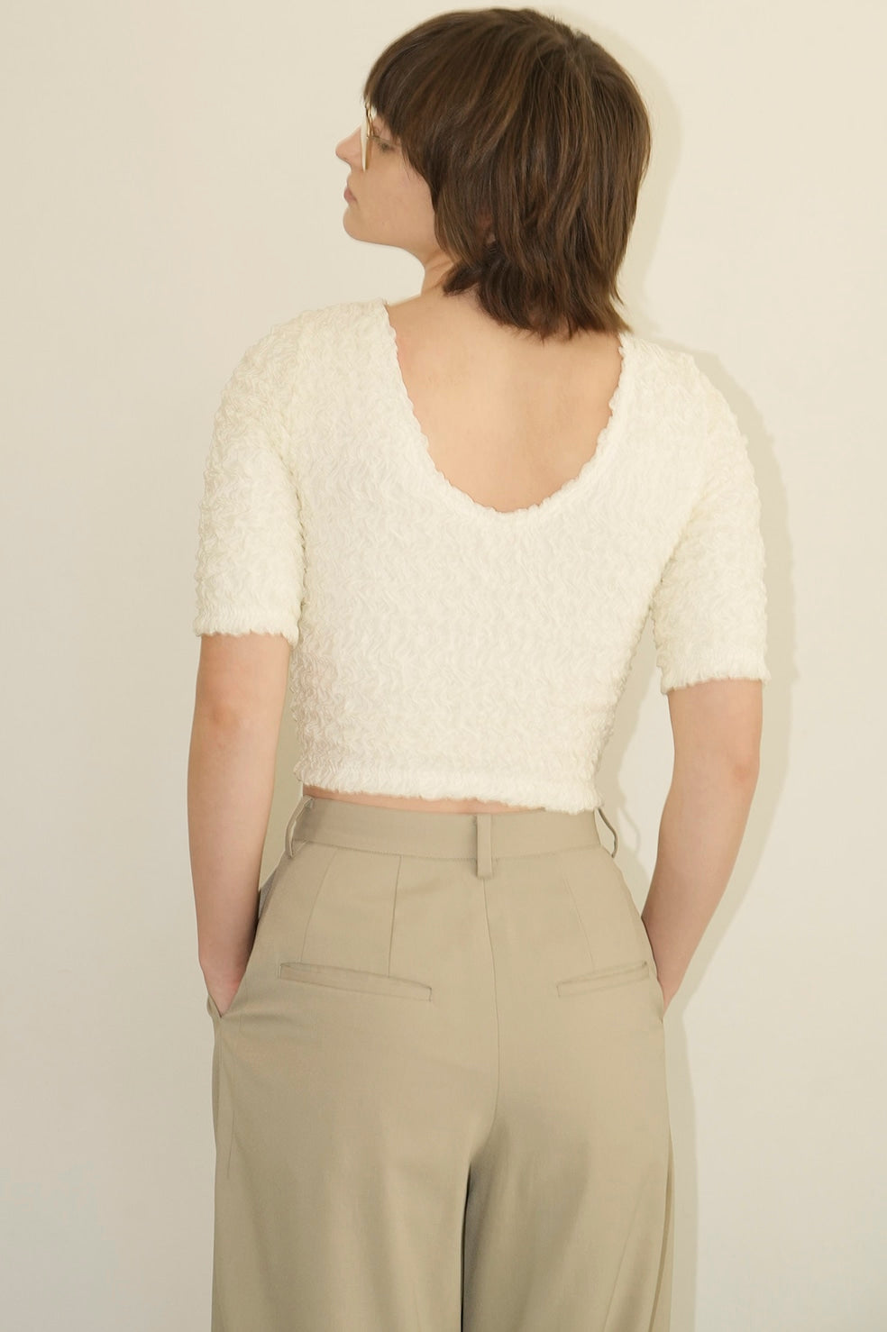 w face shirring cropped tops