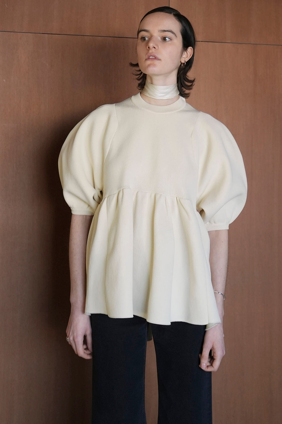 balloon sleeve gather knit tops