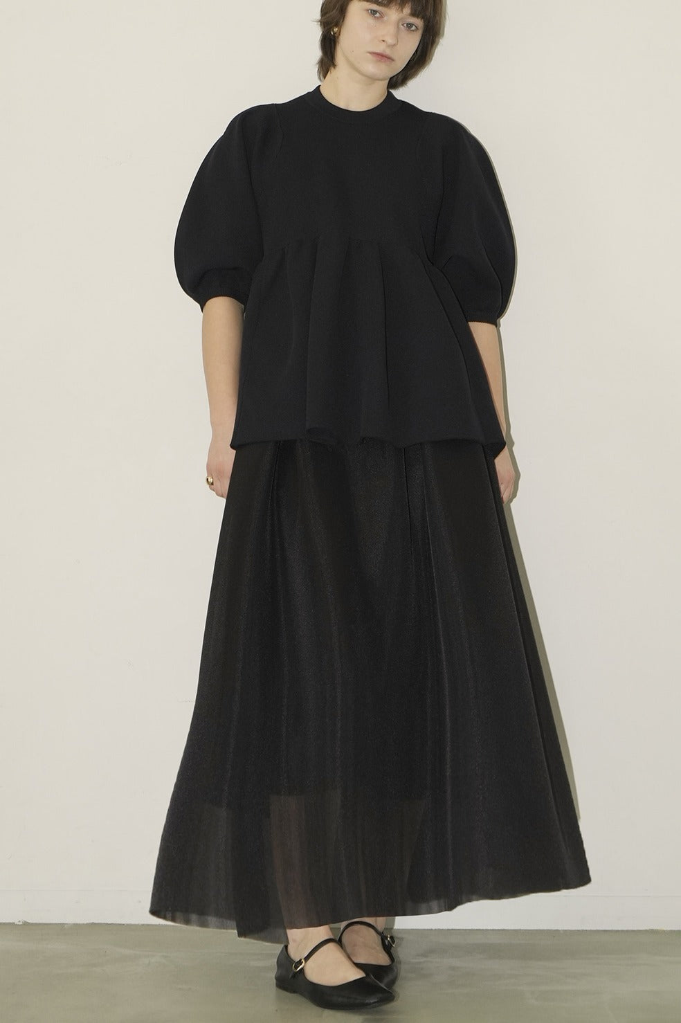 sheer russell volume flare skirt