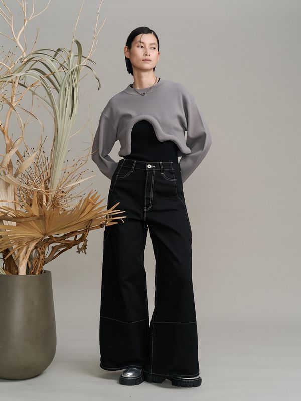 wave line side rib denim pants