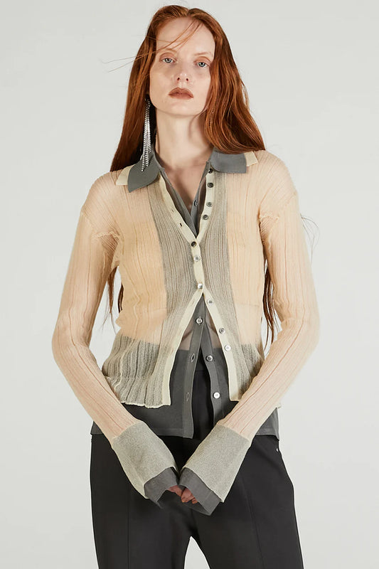 layered sheer ribbed slim knit shirt
