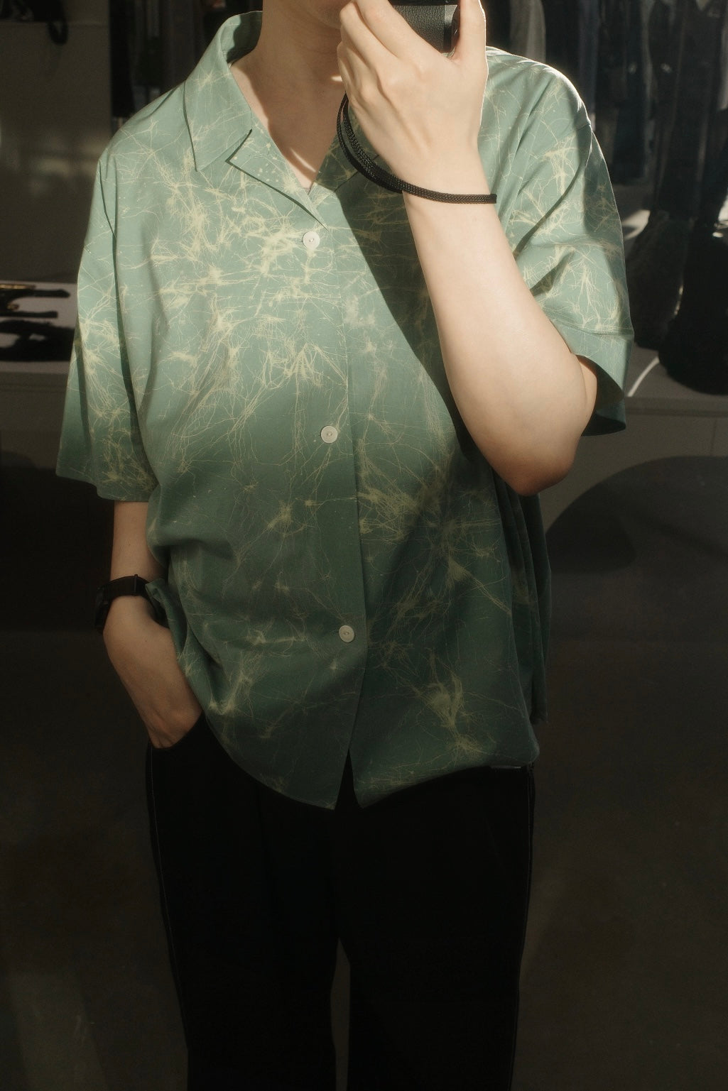 wax resist dye open collar half sleeve shirt