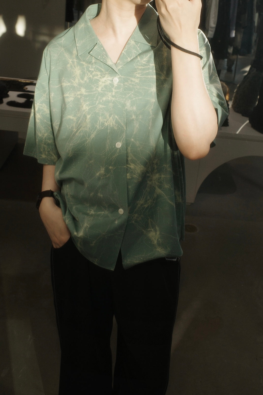wax resist dye open collar half sleeve shirt