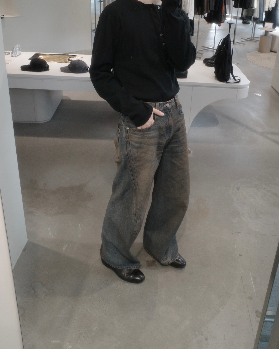 3d curved voluminous leg jeans - mud faded indigo