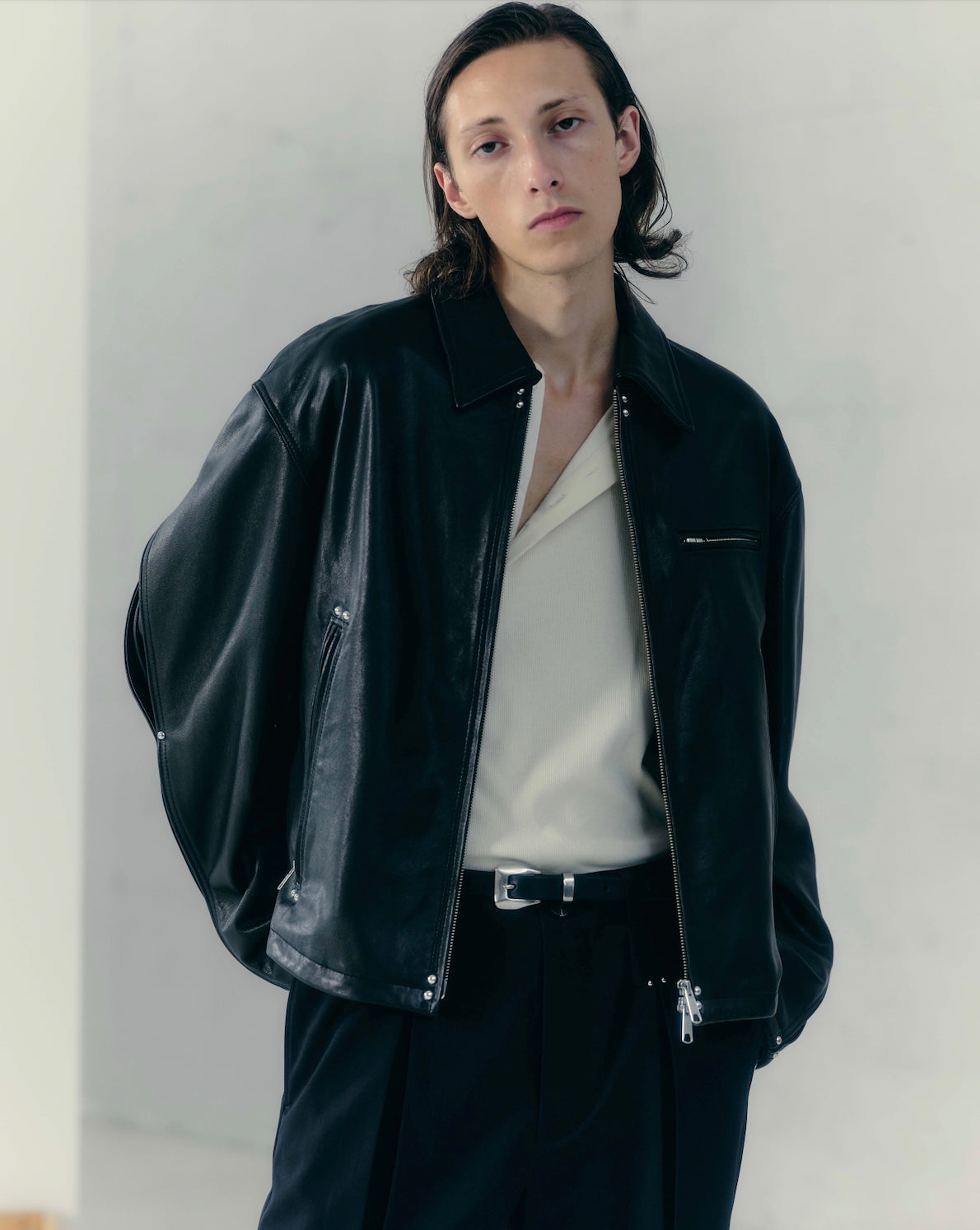 studded motion pleat leather jacket