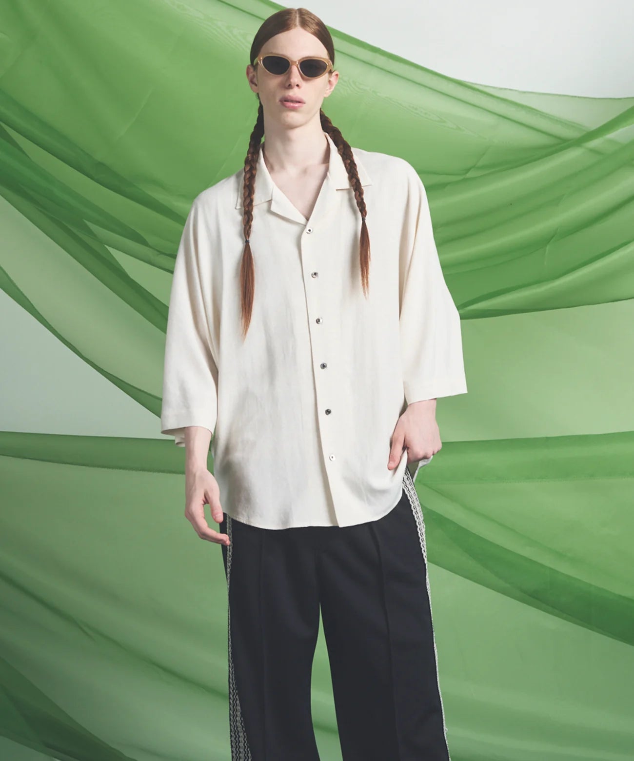 drapey georgette prime-over open collar dolman sleeve shirt
