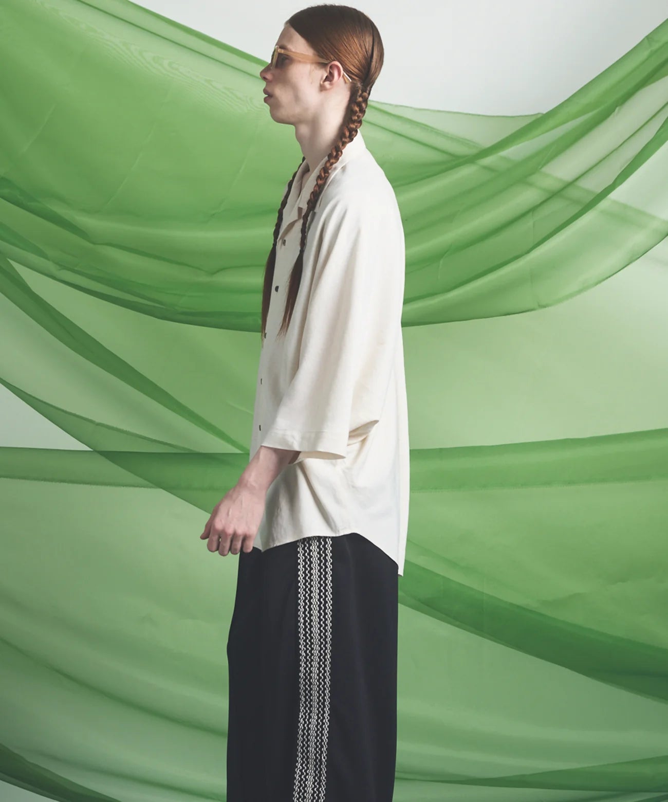 drapey georgette prime-over open collar dolman sleeve shirt