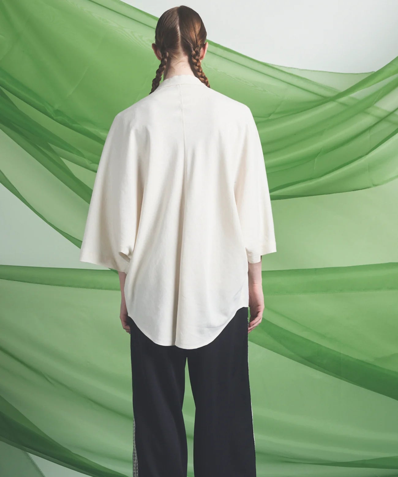 drapey georgette prime-over open collar dolman sleeve shirt