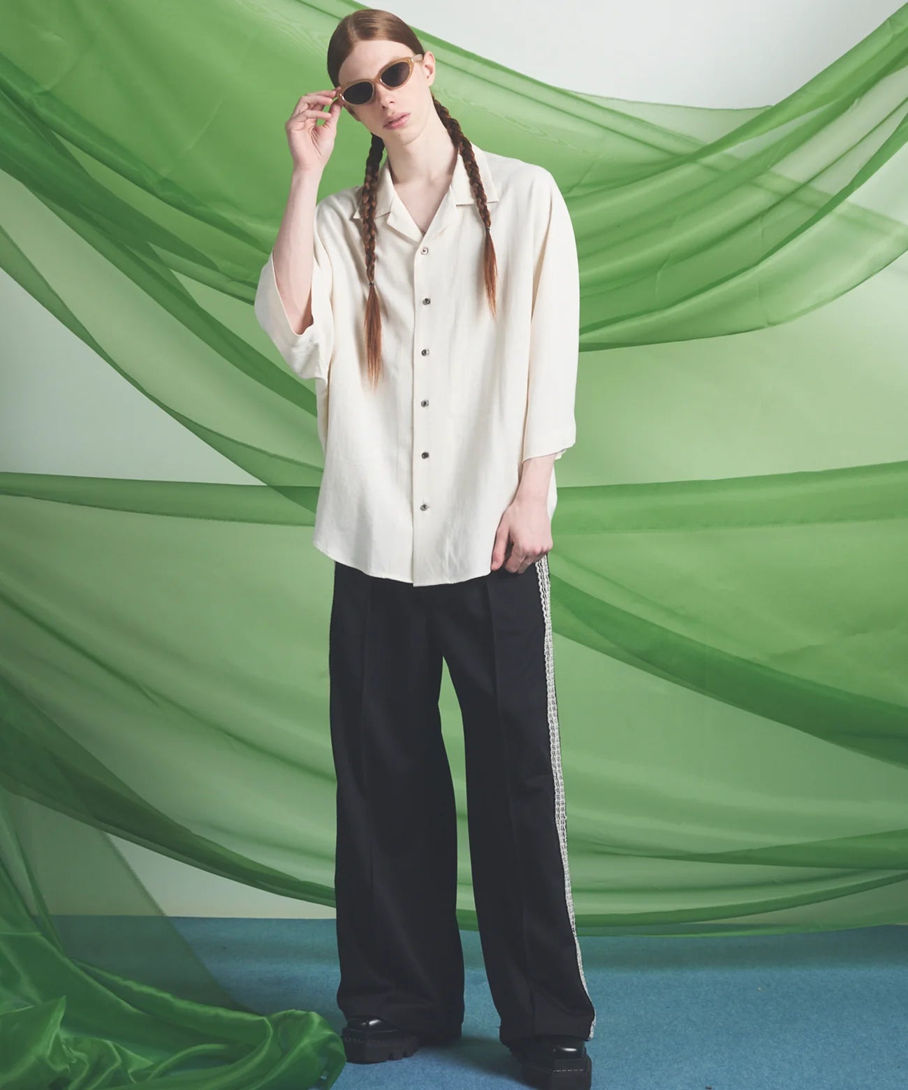 drapey georgette prime-over open collar dolman sleeve shirt