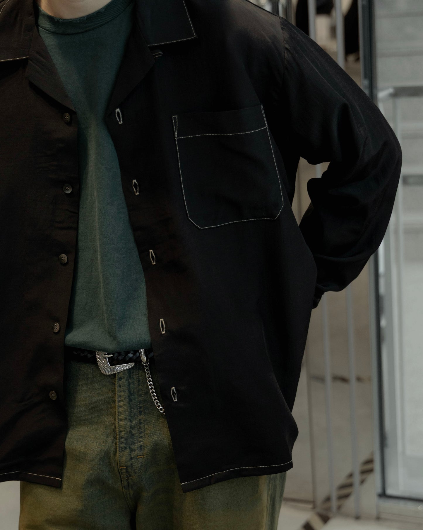 rayon wool classic open collar shirt