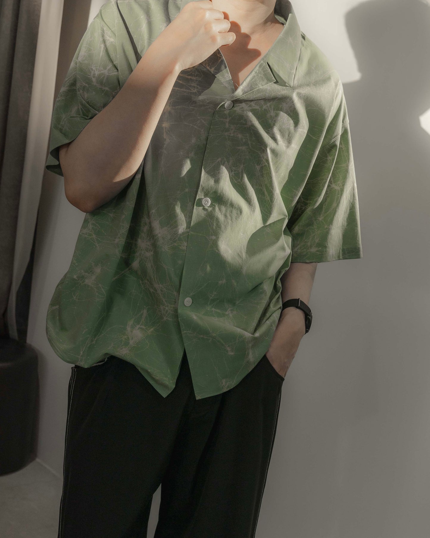 wax resist dye open collar half sleeve shirt