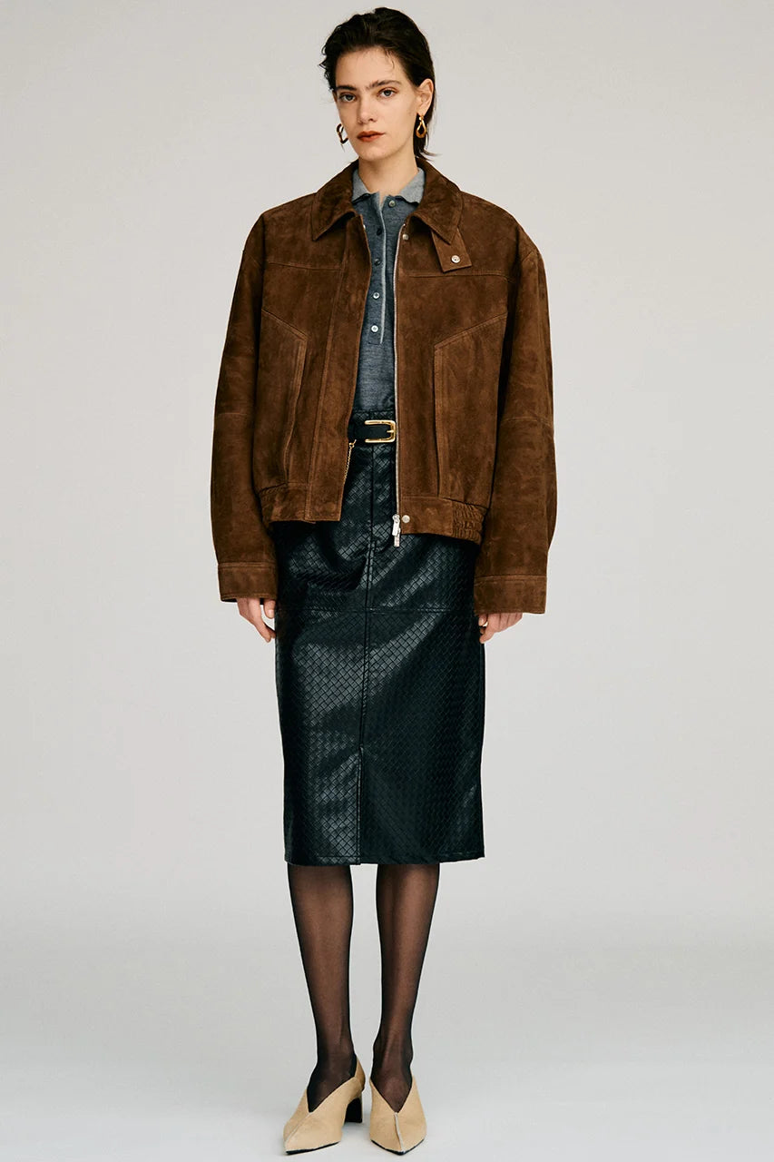 tuck pocket high-neck suede blouson