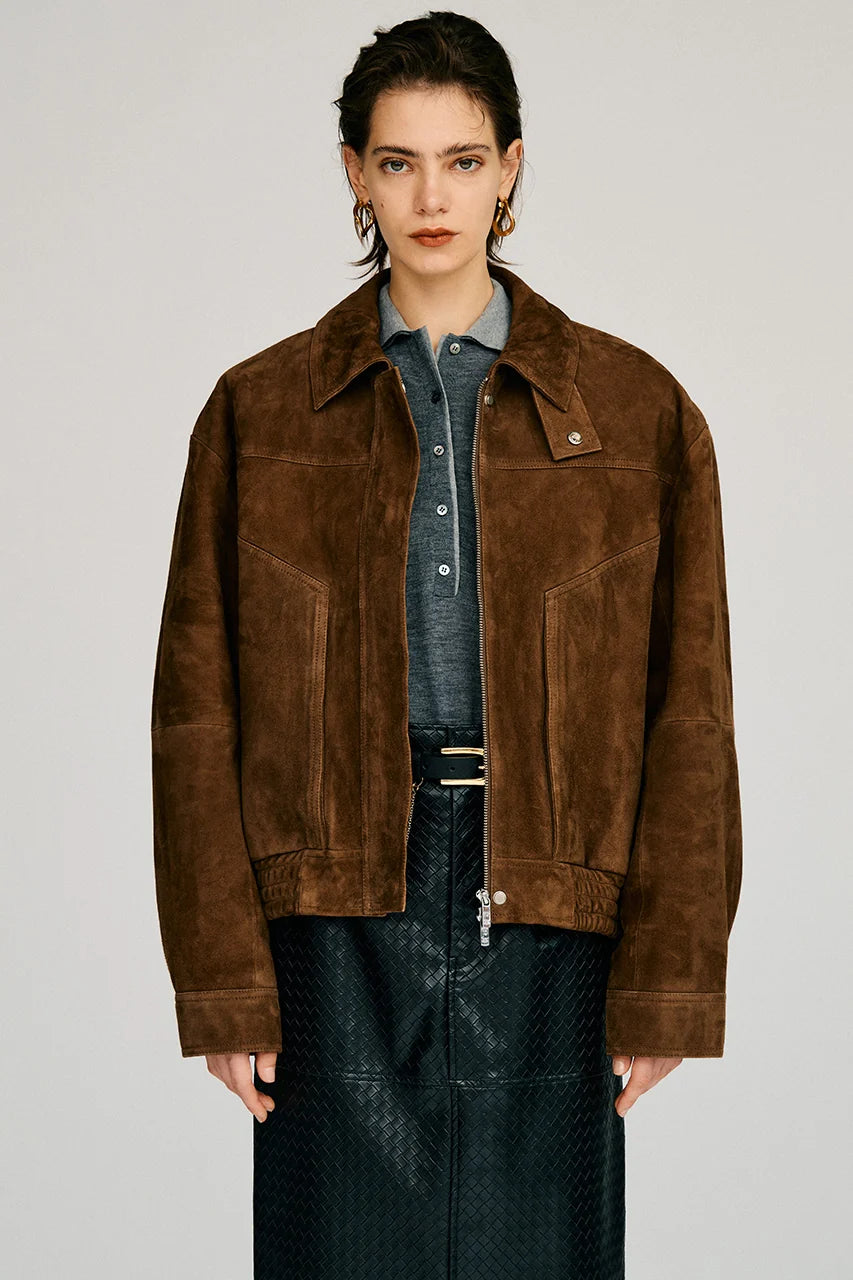 tuck pocket high-neck suede blouson