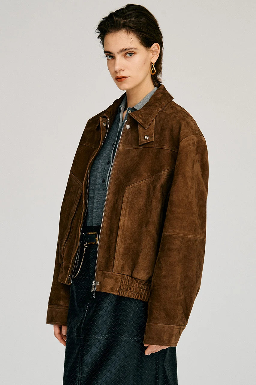 tuck pocket high-neck suede blouson