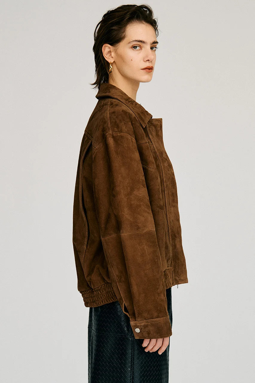 tuck pocket high-neck suede blouson