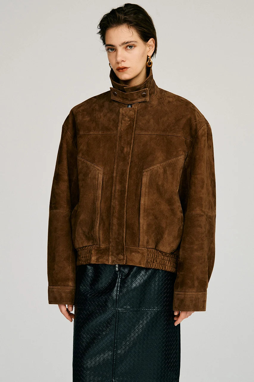 tuck pocket high-neck suede blouson