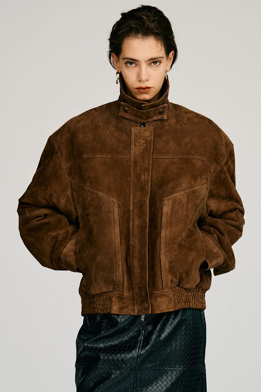 tuck pocket high-neck suede blouson