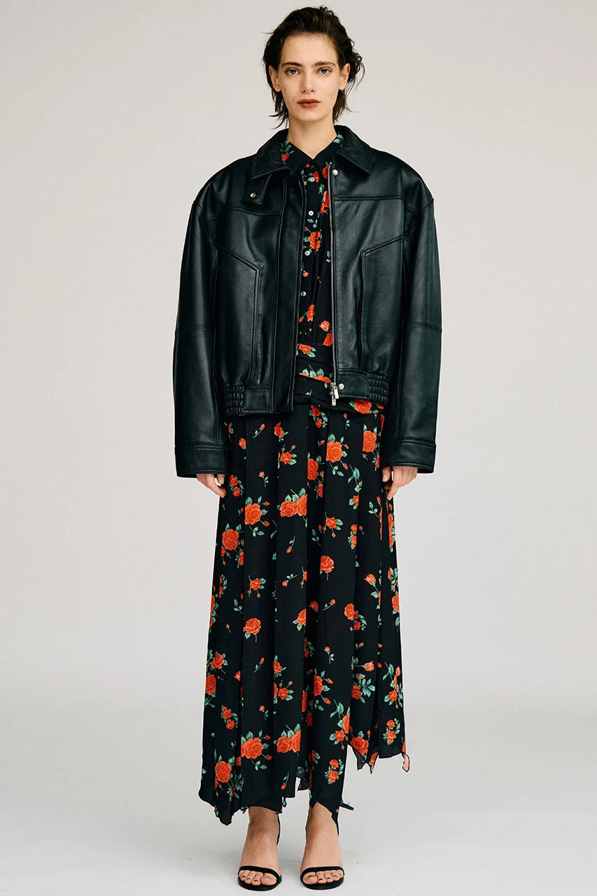 tuck pocket high-neck leather blouson