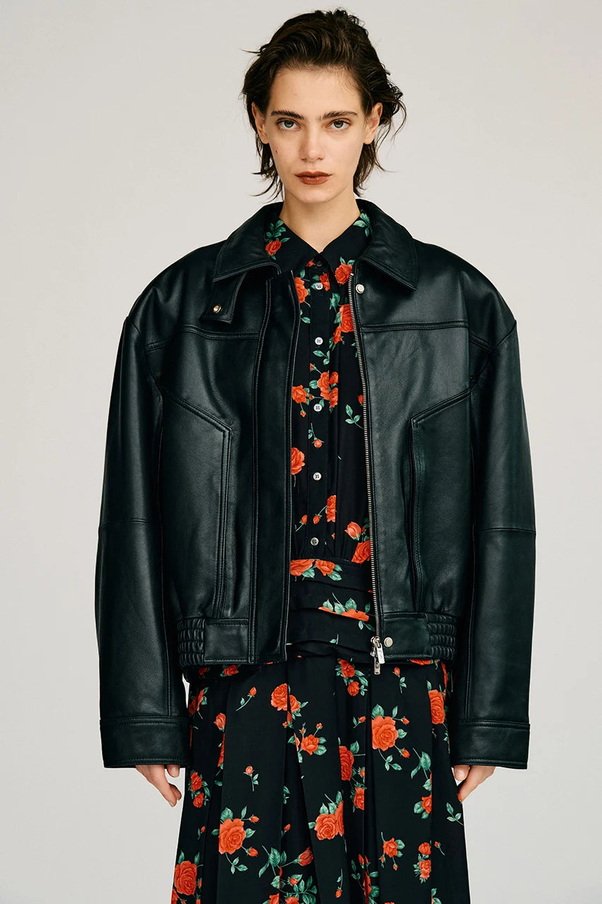 tuck pocket high-neck leather blouson