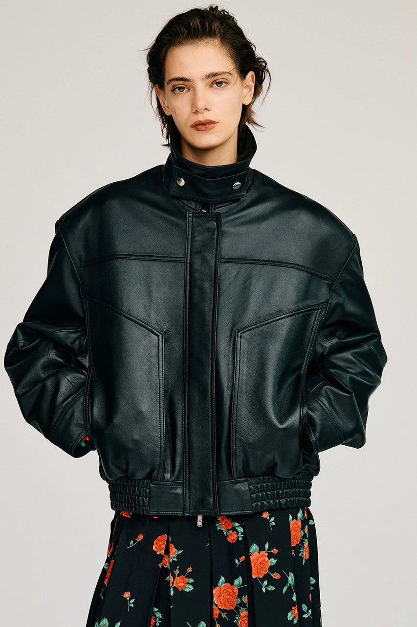 tuck pocket high-neck leather blouson