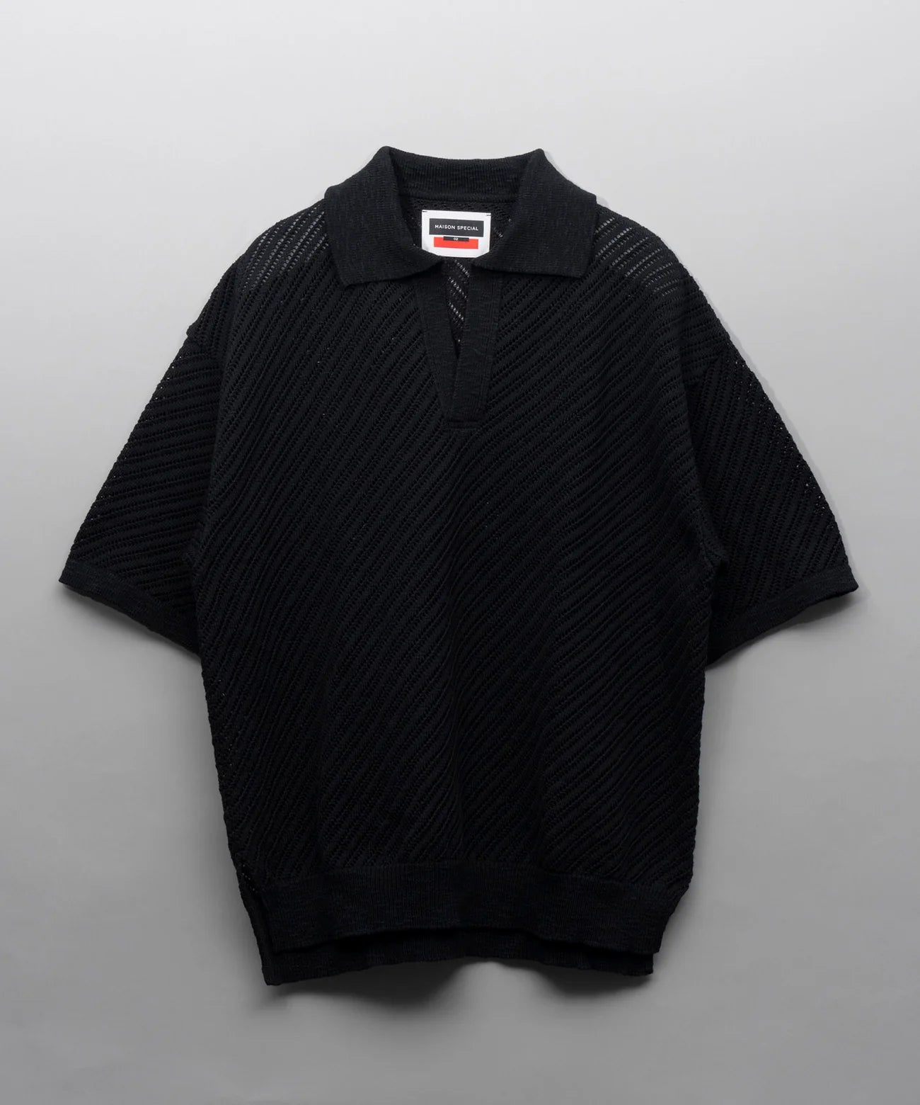 slub yarn bias mesh prime-over short sleeve skipper knit polo shirt