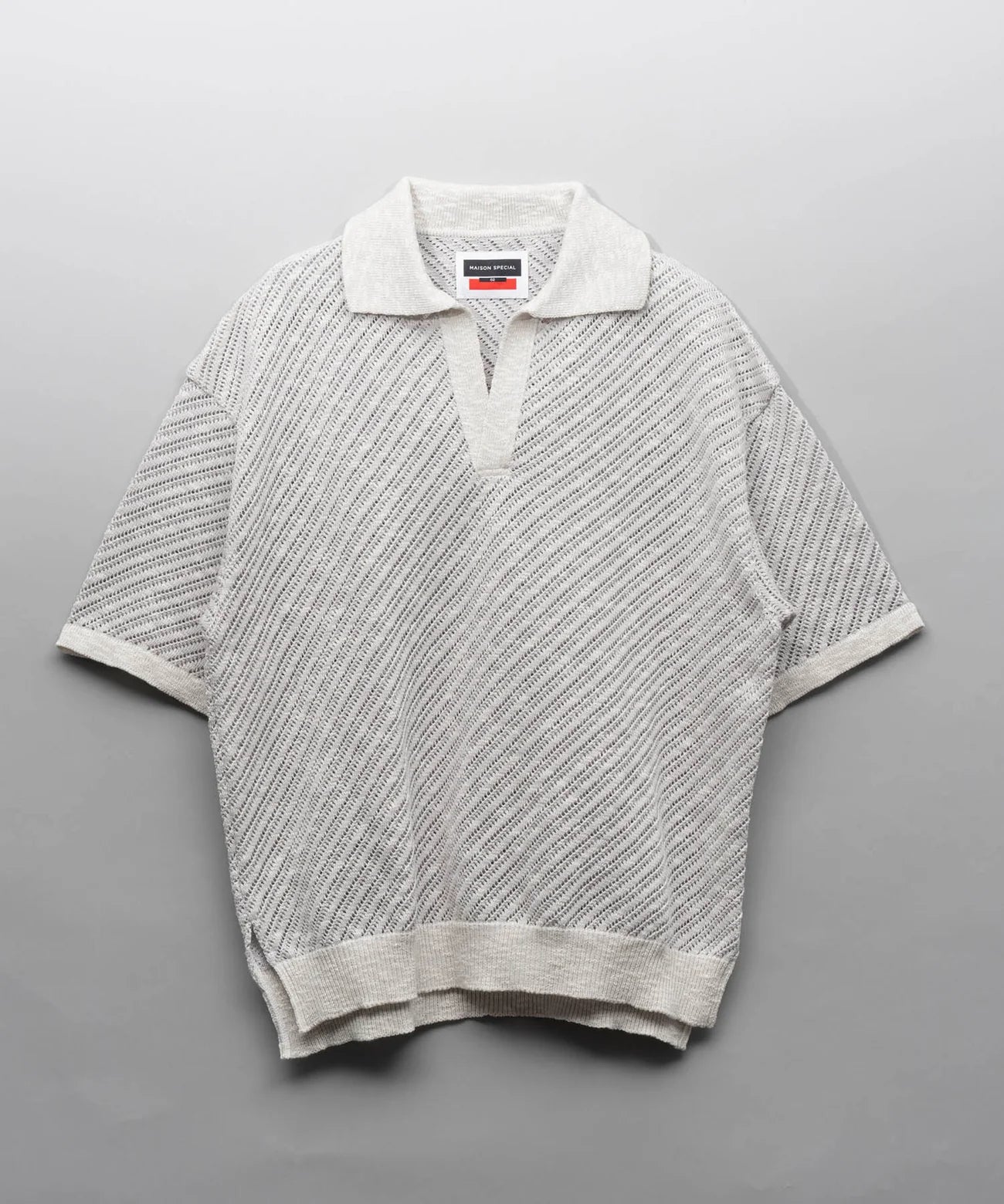 slub yarn bias mesh prime-over short sleeve skipper knit polo shirt