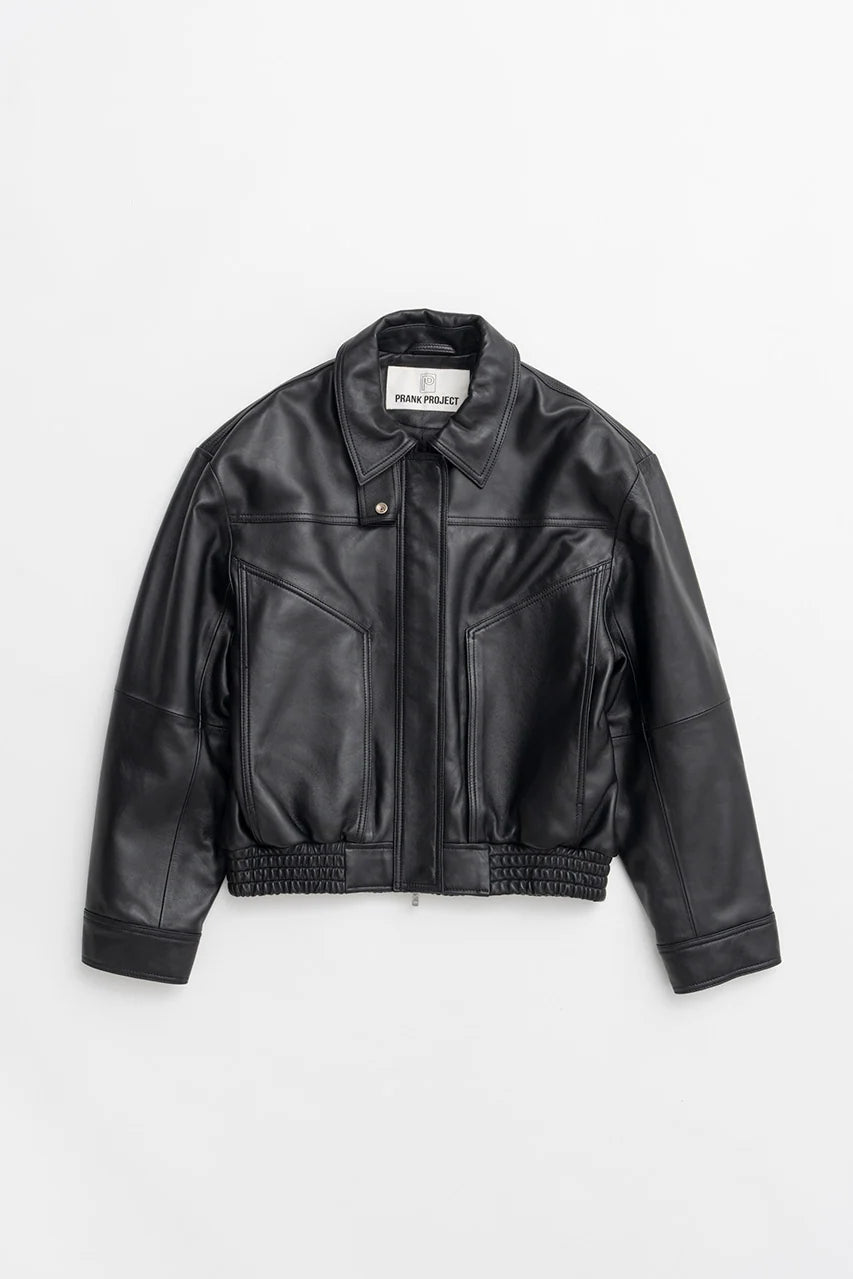 tuck pocket high-neck leather blouson