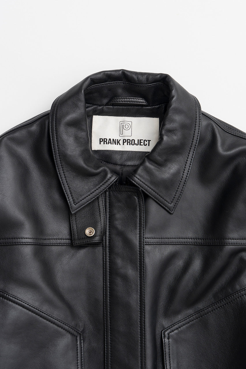 tuck pocket high-neck leather blouson