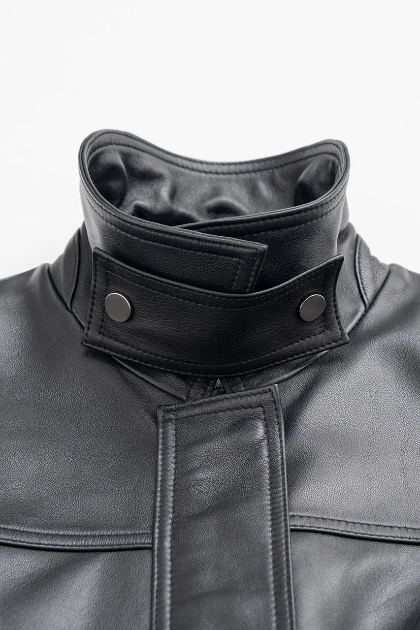 tuck pocket high-neck leather blouson