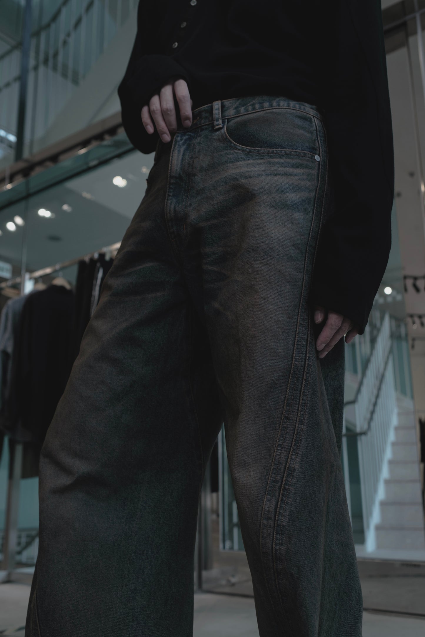 3d curved voluminous leg jeans - mud faded indigo