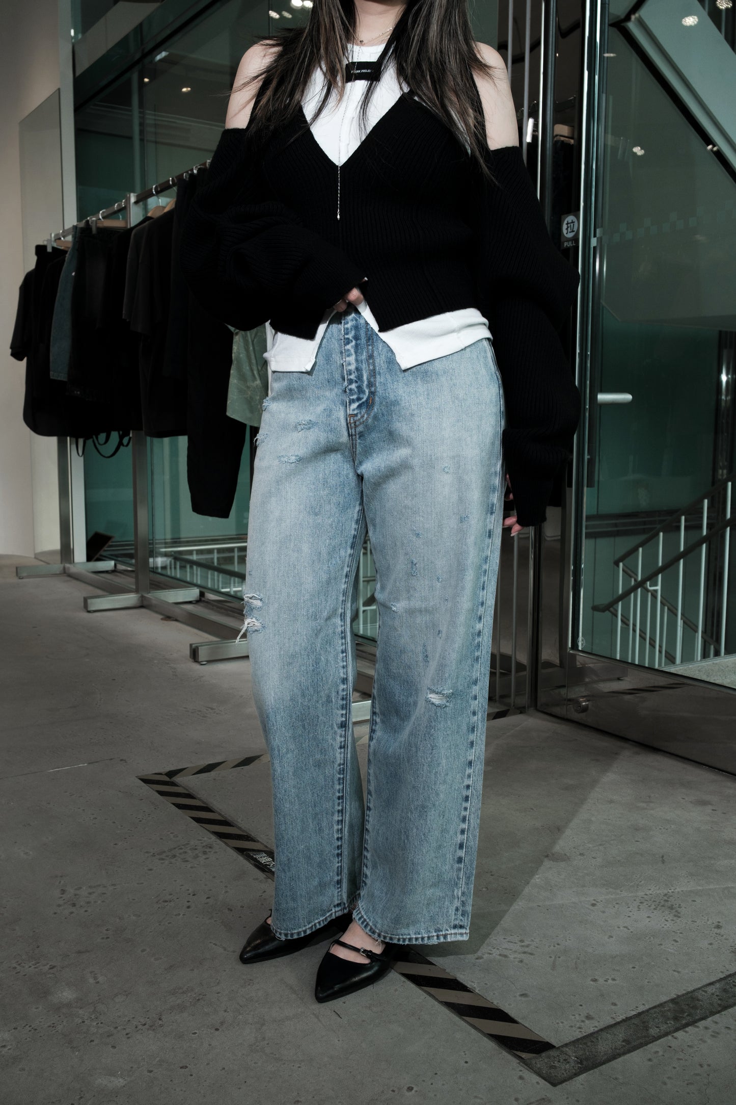 selvage denim wide jeans/faded