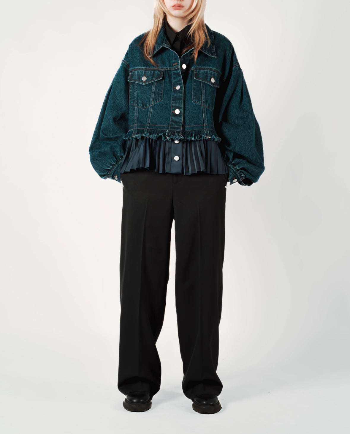 pleats denim blouson