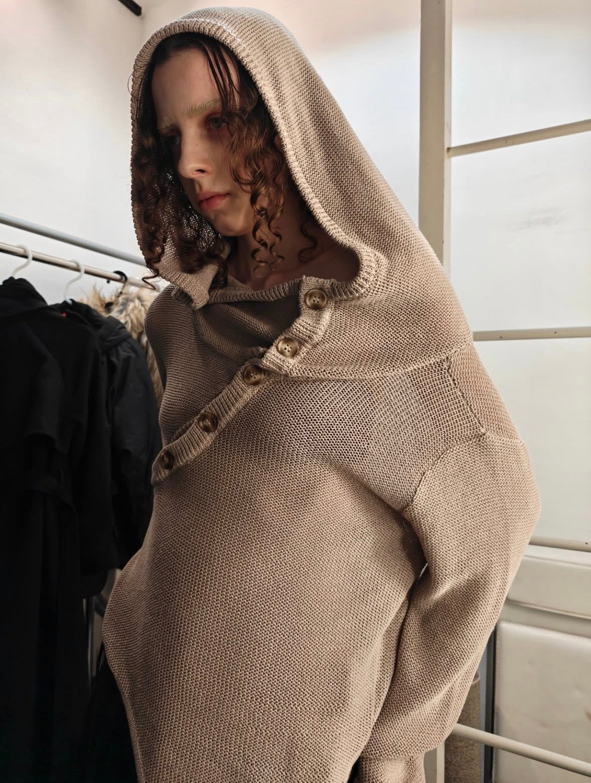 open knit hooded top