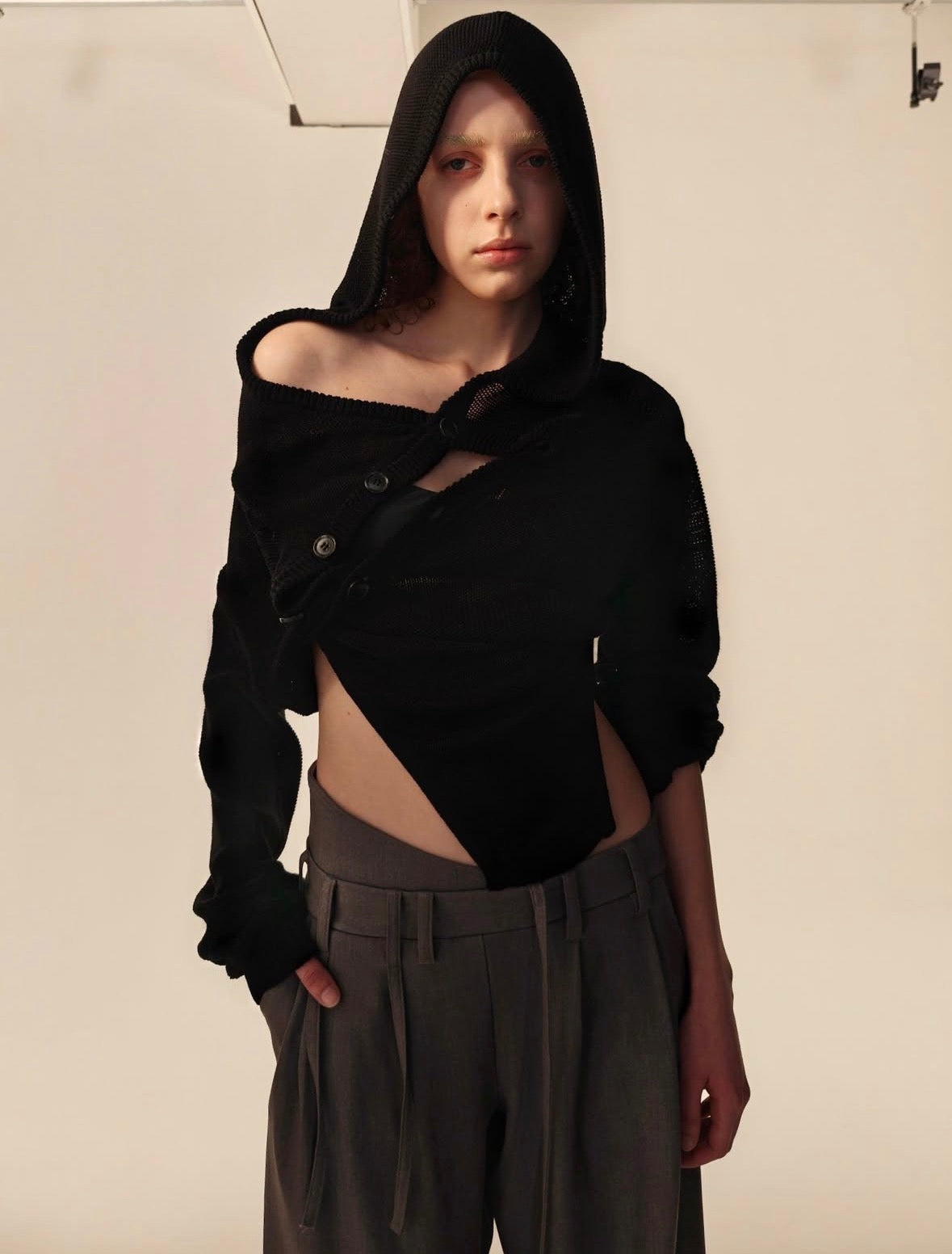 open knit hooded top